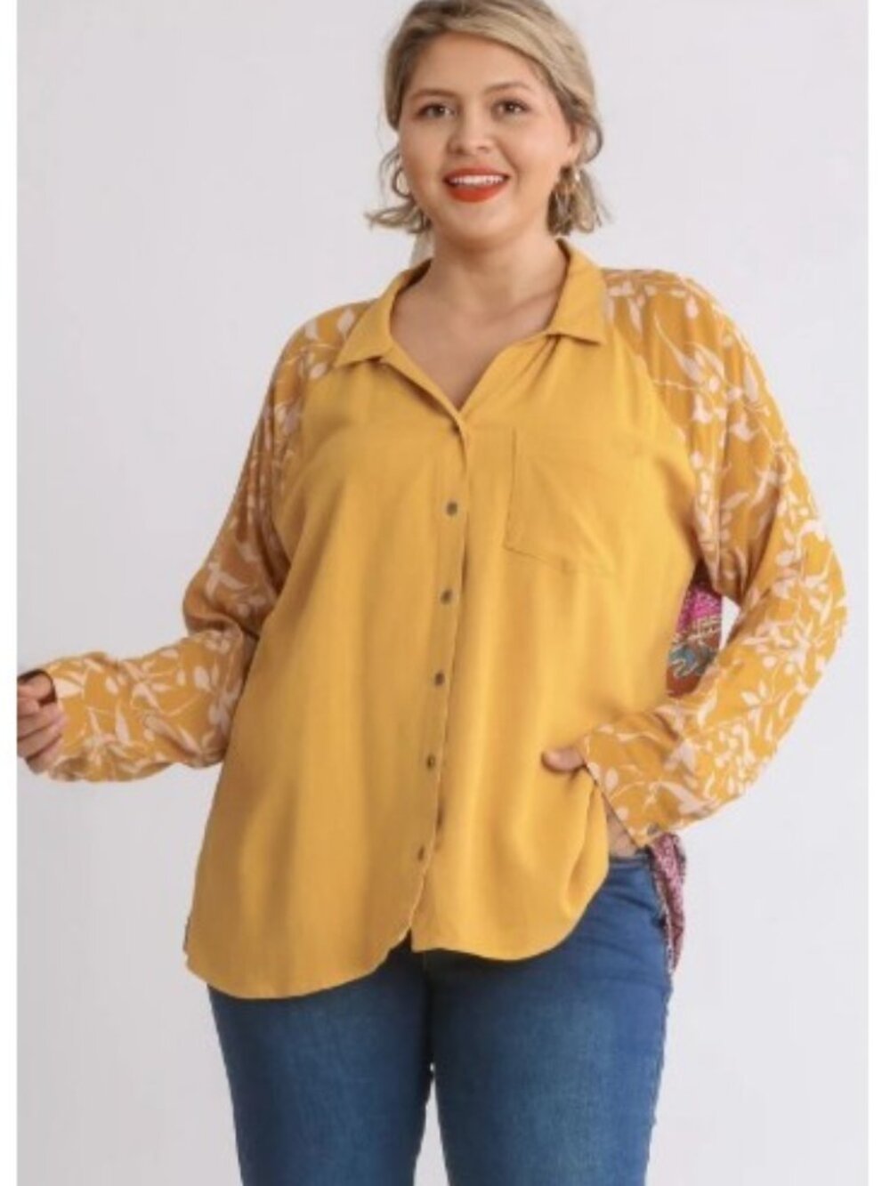 Umgee Button Front Top with Mixed Print Back and Sleeves in Goldenrod